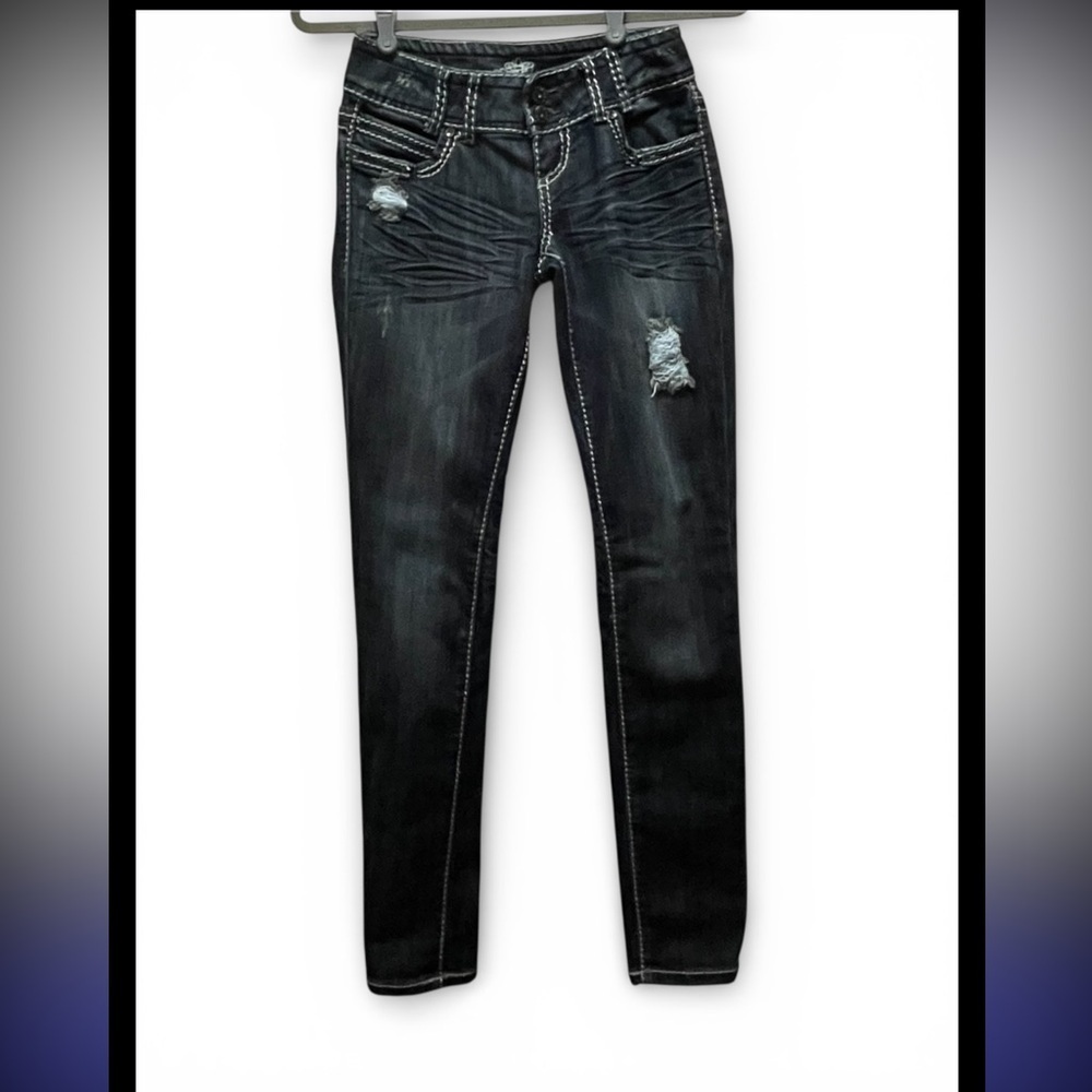 Almost Famous Vintage Distressed Low Rise Blue Jeans